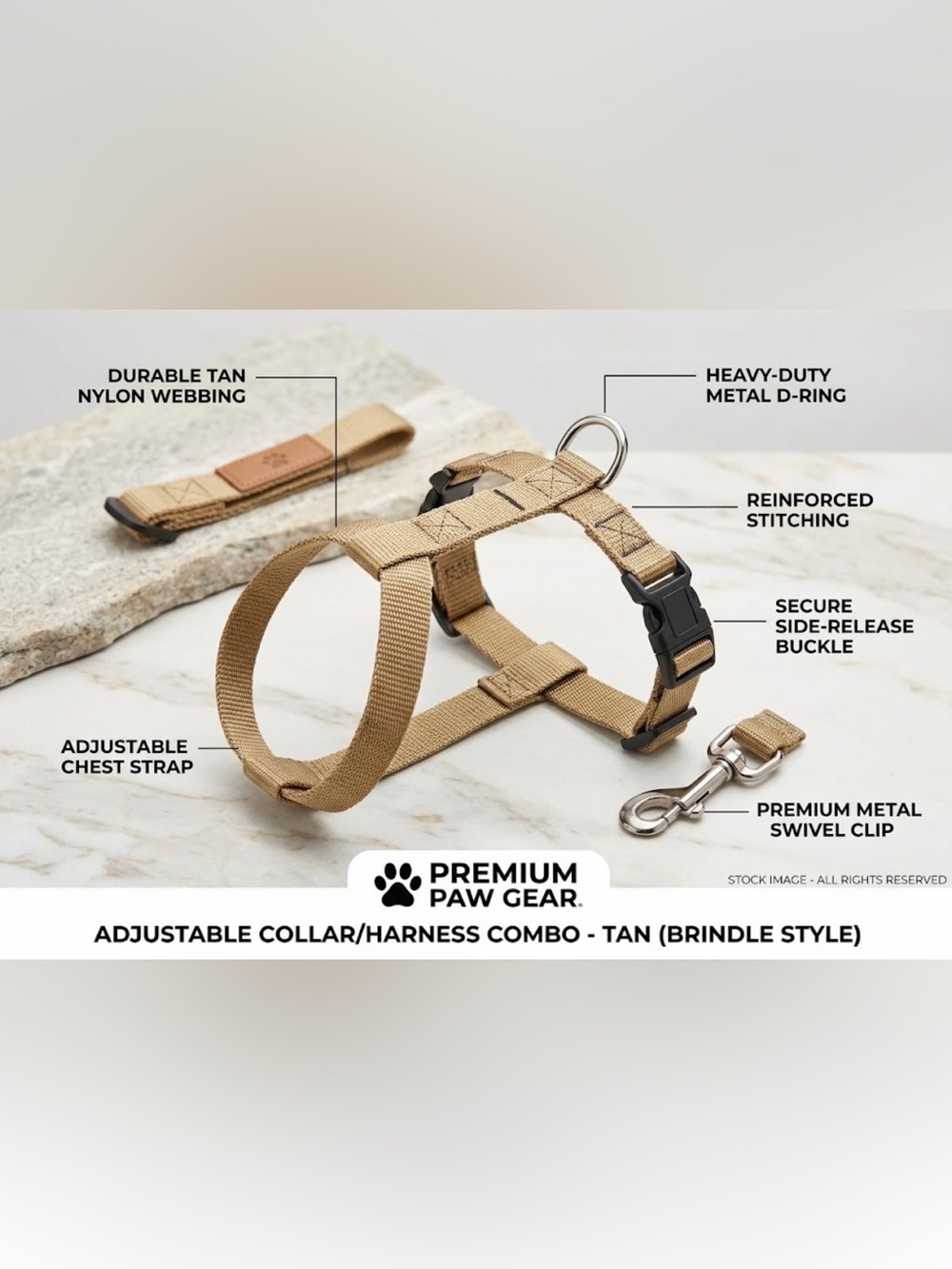 Premium Paw Gear Tan Adjustable Dog Harness/Collar Combo - Like New